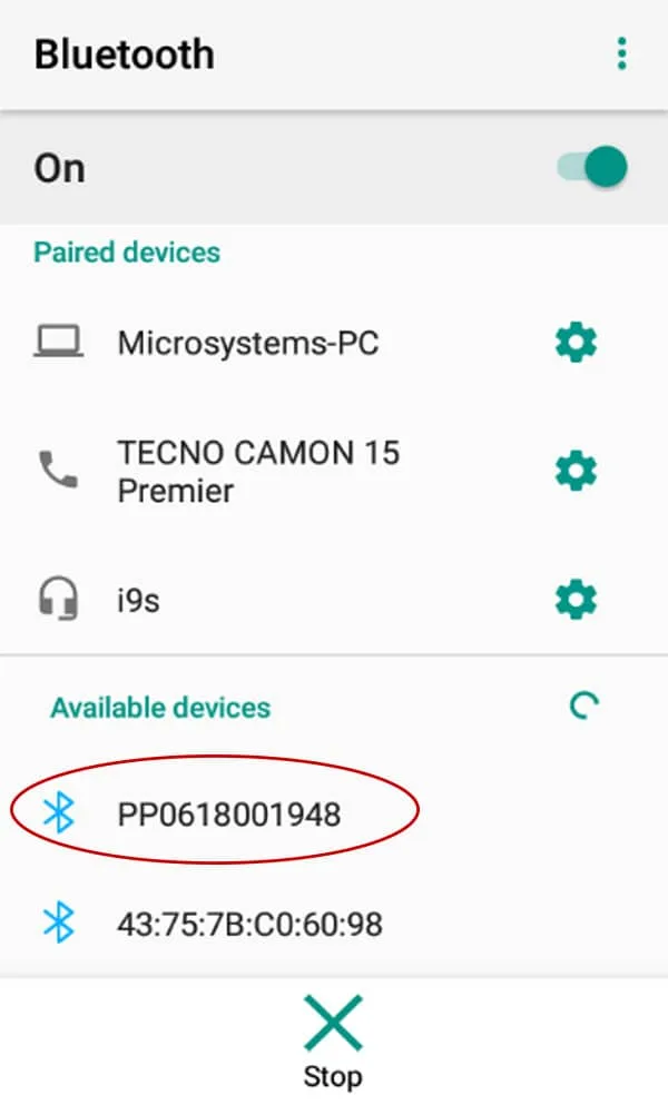 Android Bluetooth pairing screen listing the Pin Pad by its serial number