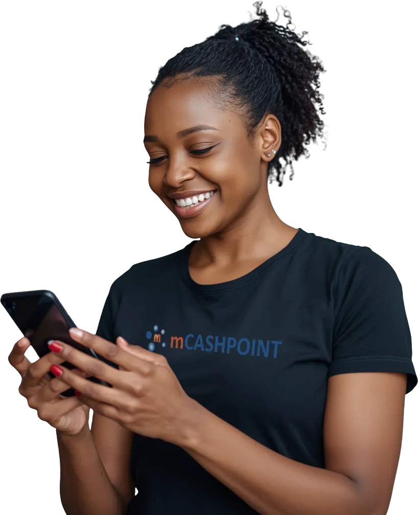 Smiling woman in an mCashPoint t-shirt using a smartphone