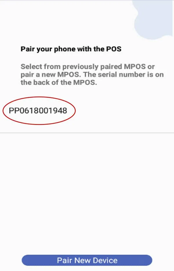 Selecting the Pin Pad's serial number inside the mCashPoint app