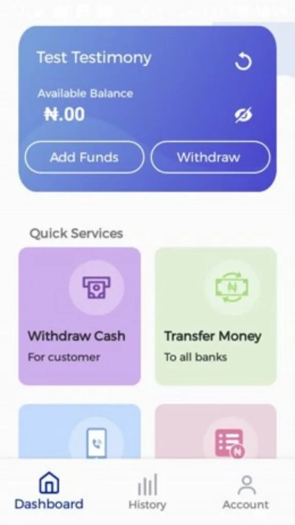 The app home screen, ready to take withdrawals and transfers