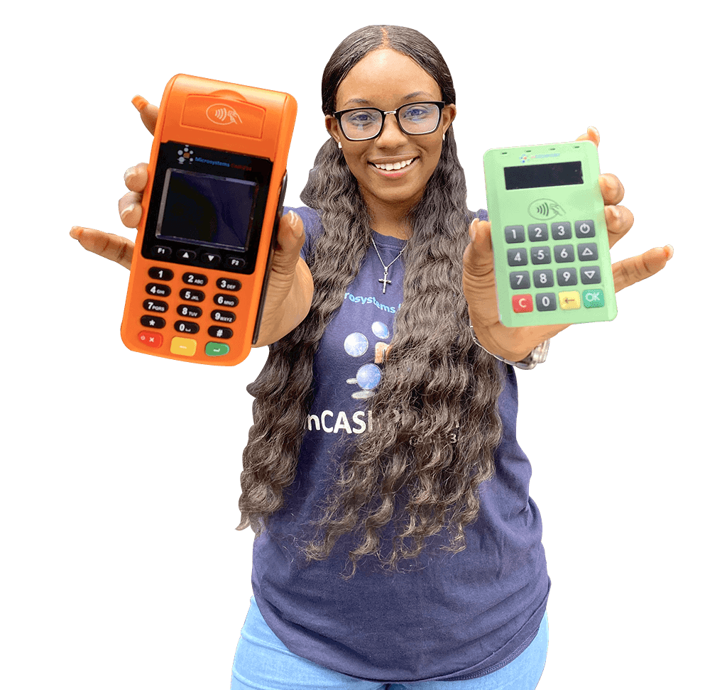 mcashpoint female staff wearing glasses and smiling while holding an orange POS terminal on her right hand and a green mcashpoint pin pad on her left hand